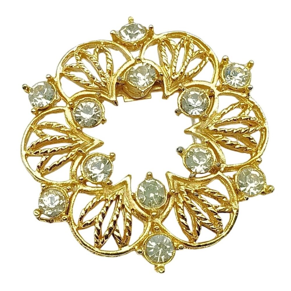 Vintage Gold-Tone Rhinestone Filigree Wreath Brooch Pin